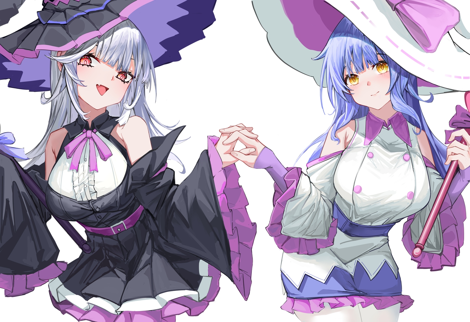 2girls, ban_tang, blue_hair, bow, dress, fang, gray_hair, hat, long_hair, red_eyes, shirt, sketch, soul_knight, tagme_(character), wand, white, witch, witch_hat, yellow_eyes