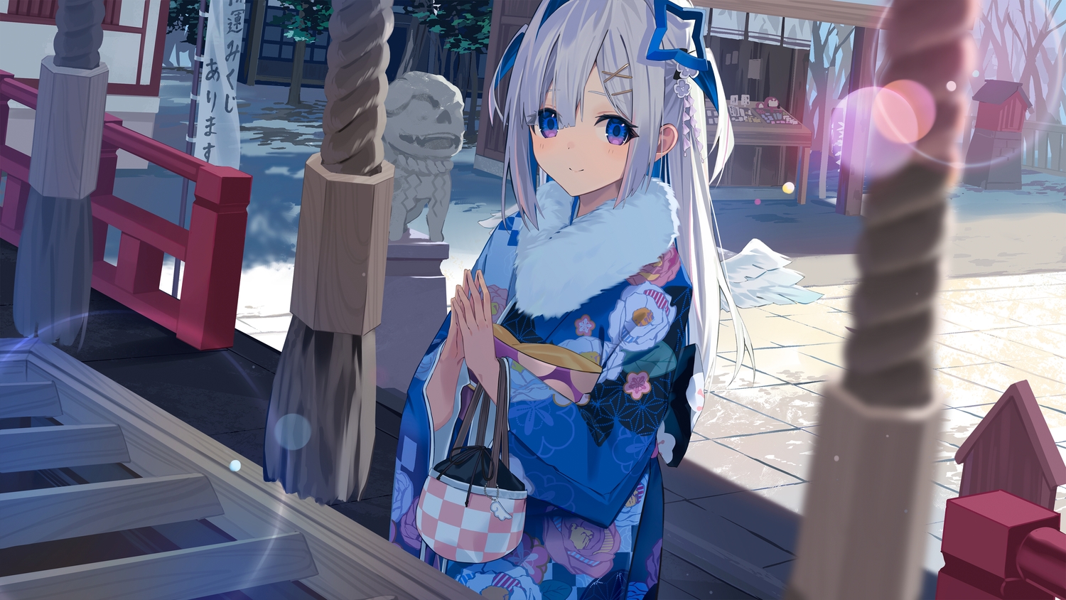 amane_kanata, angel, blue_eyes, blush, gray_hair, halo, hololive, japanese_clothes, kimono, long_hair, rope, shade, shrine, tagme_(artist), tree, twintails, wings