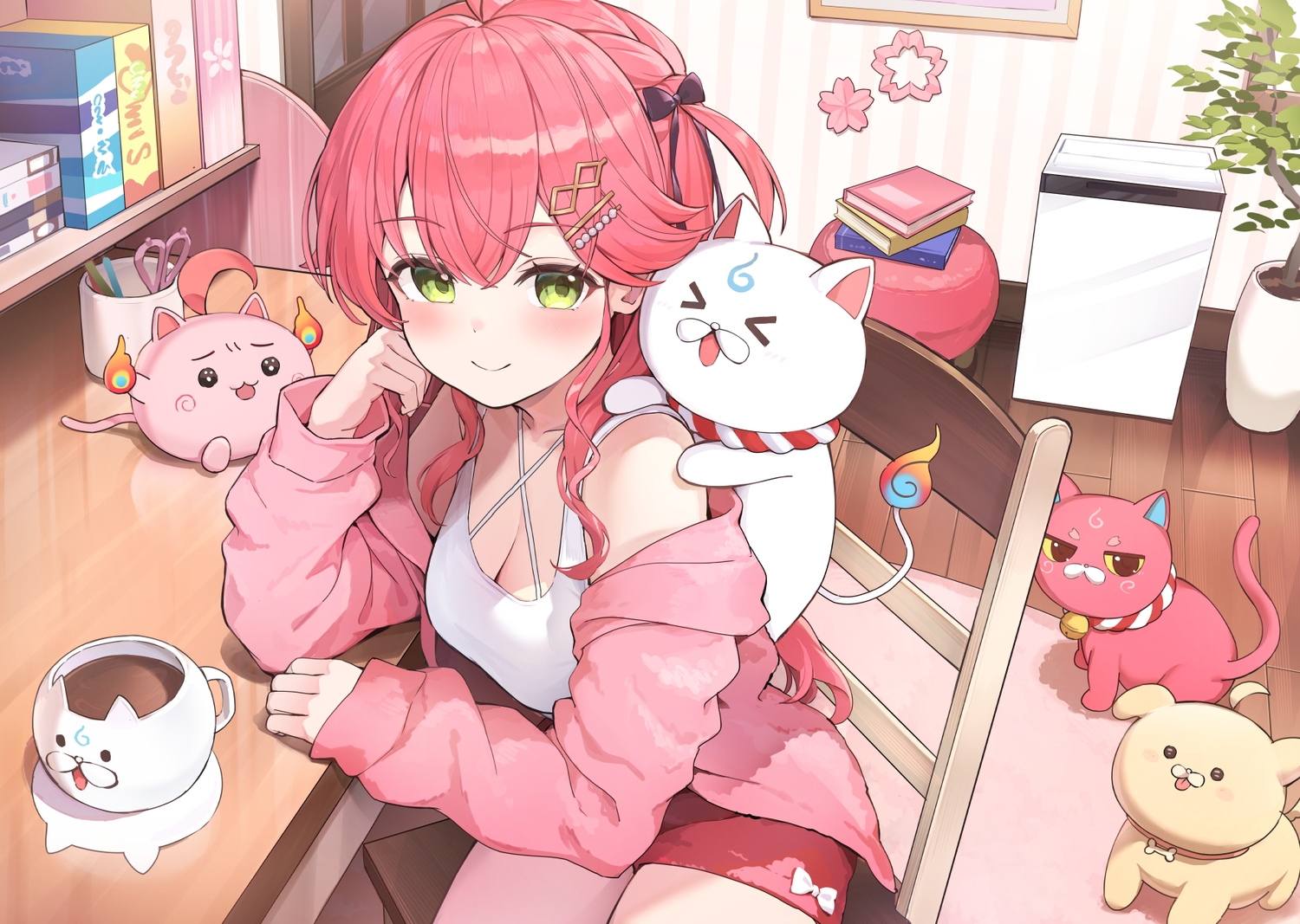 animal, blush, book, bow, braids, breasts, cat, cleavage