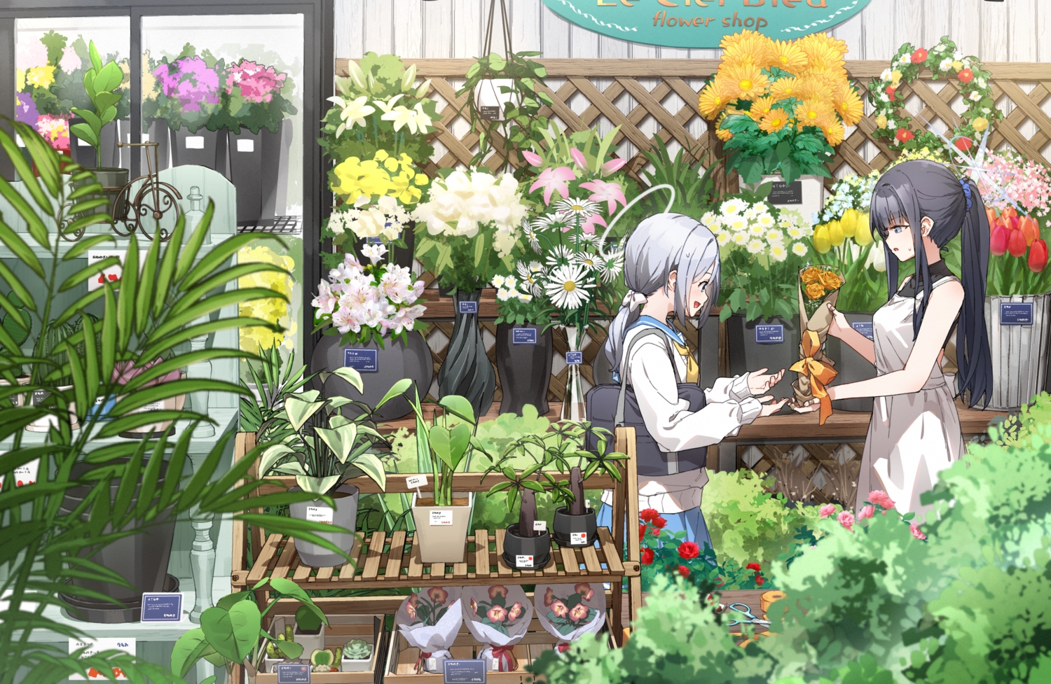 2girls, apron, black_hair, blue_archive, blush, bow, flowers, gray_eyes