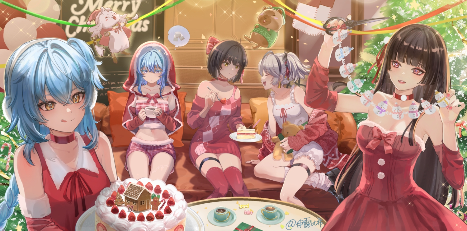 abby_(wuthering_waves), animal, black_hair, blue_hair, bow, braids, breasts, buling_(wuthering_waves)