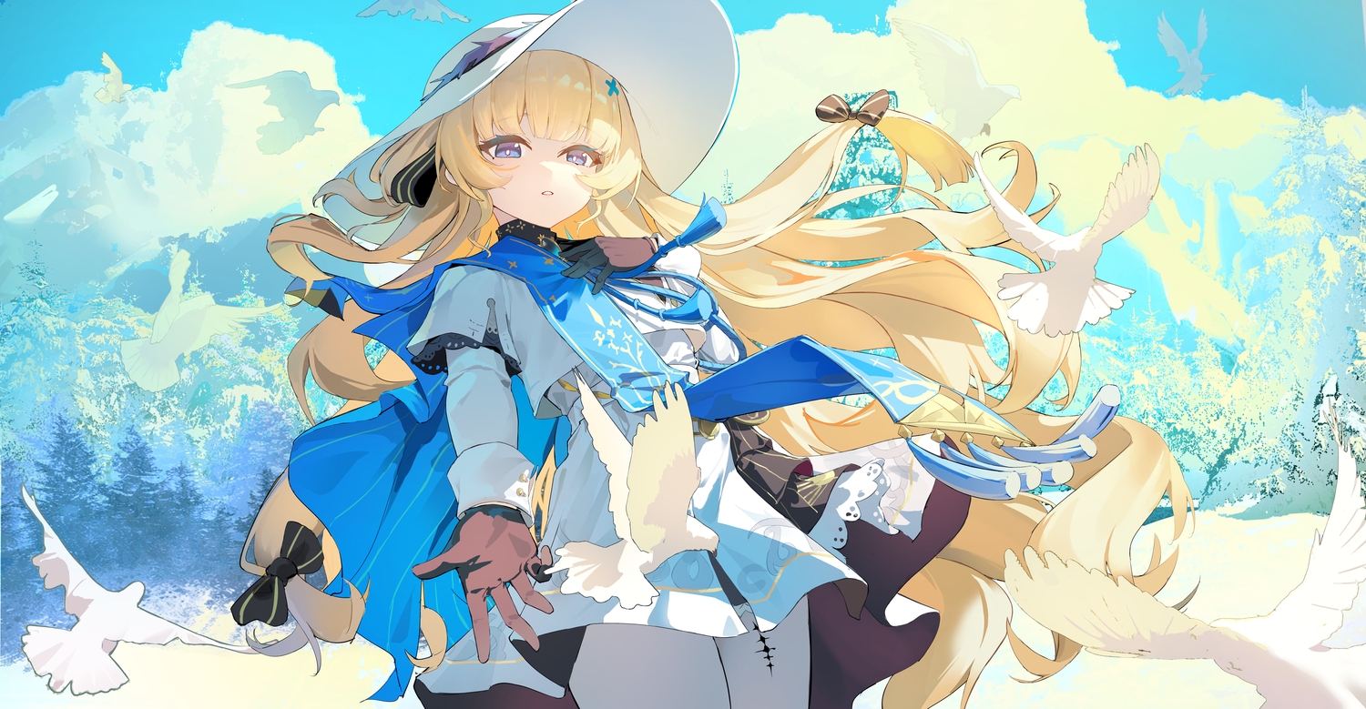 animal, bird, blonde_hair, blue_eyes, bow, clouds, dress, gloves