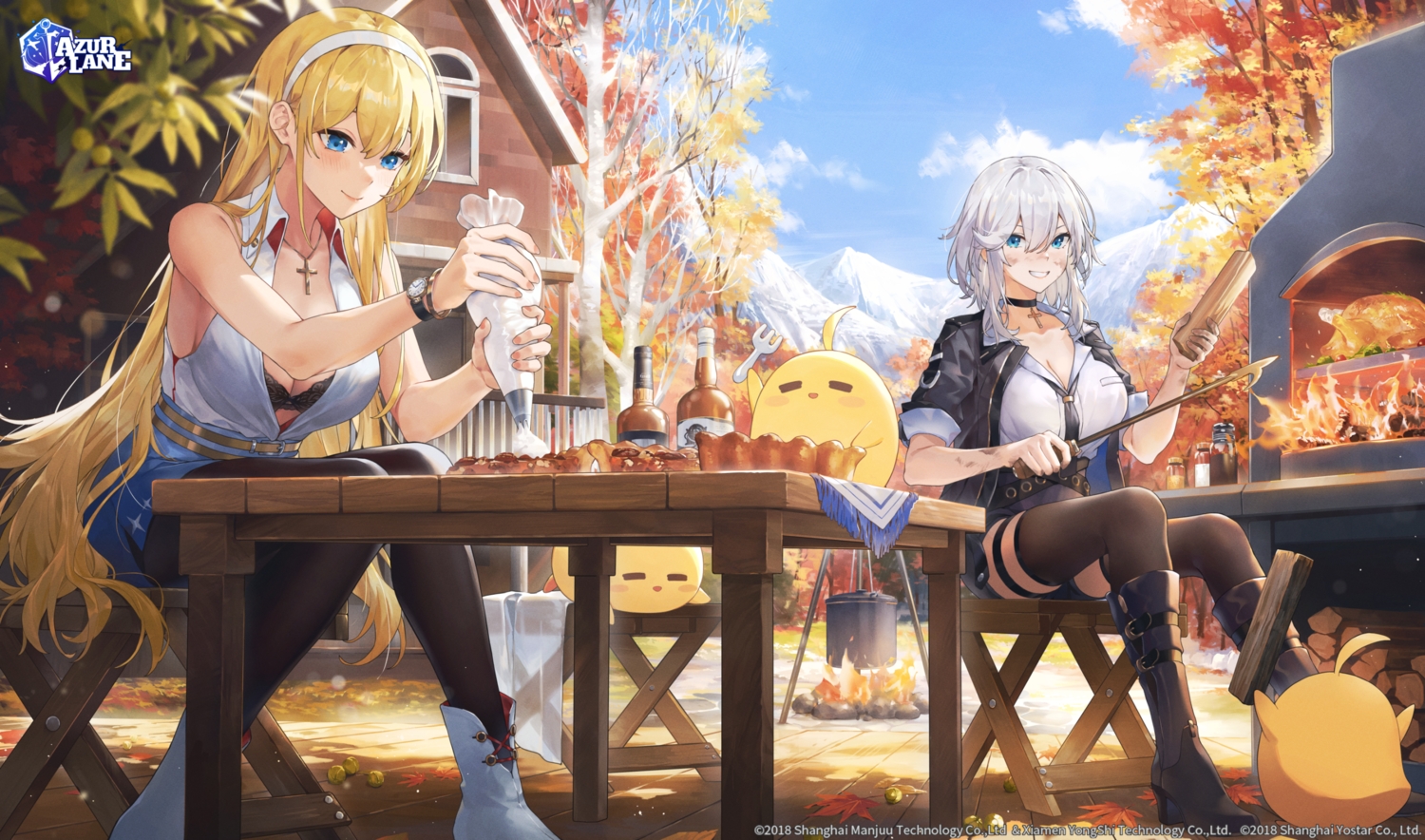 2girls, animal, anthropomorphism, aqua_eyes, autumn, azur_lane, bird, blonde_hair