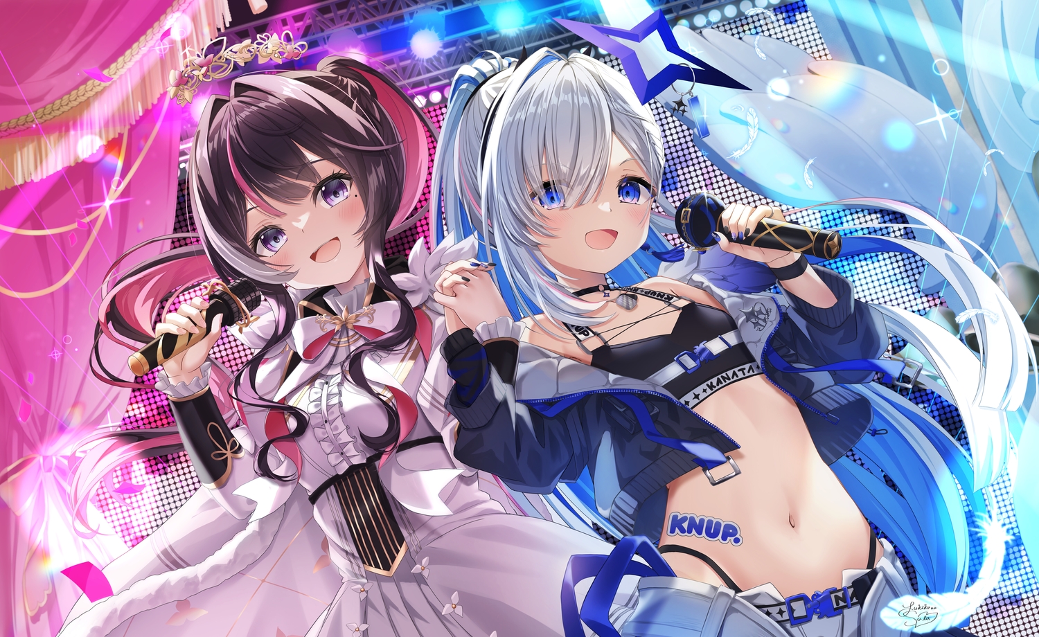 2girls, amane_kanata, angel, azki_(hololive), black_hair, blue_eyes, bow, choker