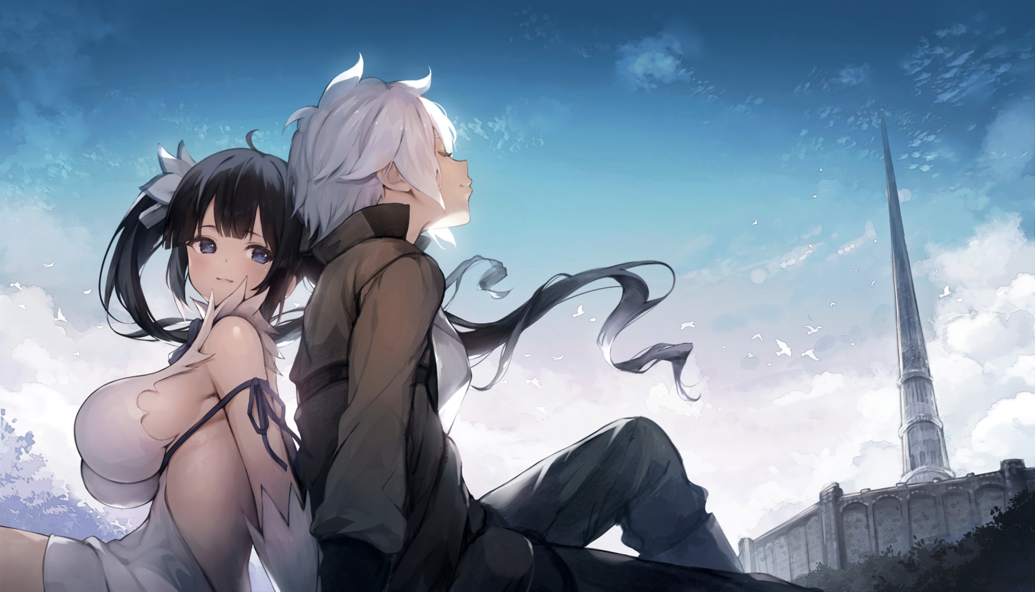 bell_cranel, black_hair, blue_eyes, bow, breasts, building, clouds, dress, dungeon_ni_deai_wo_motomeru_no_wa_machigatteiru_darou_ka, hestia_(danmachi), long_hair, male, ribbons, senji_(tegone_spike), short_hair, sky, twintails, white_hair