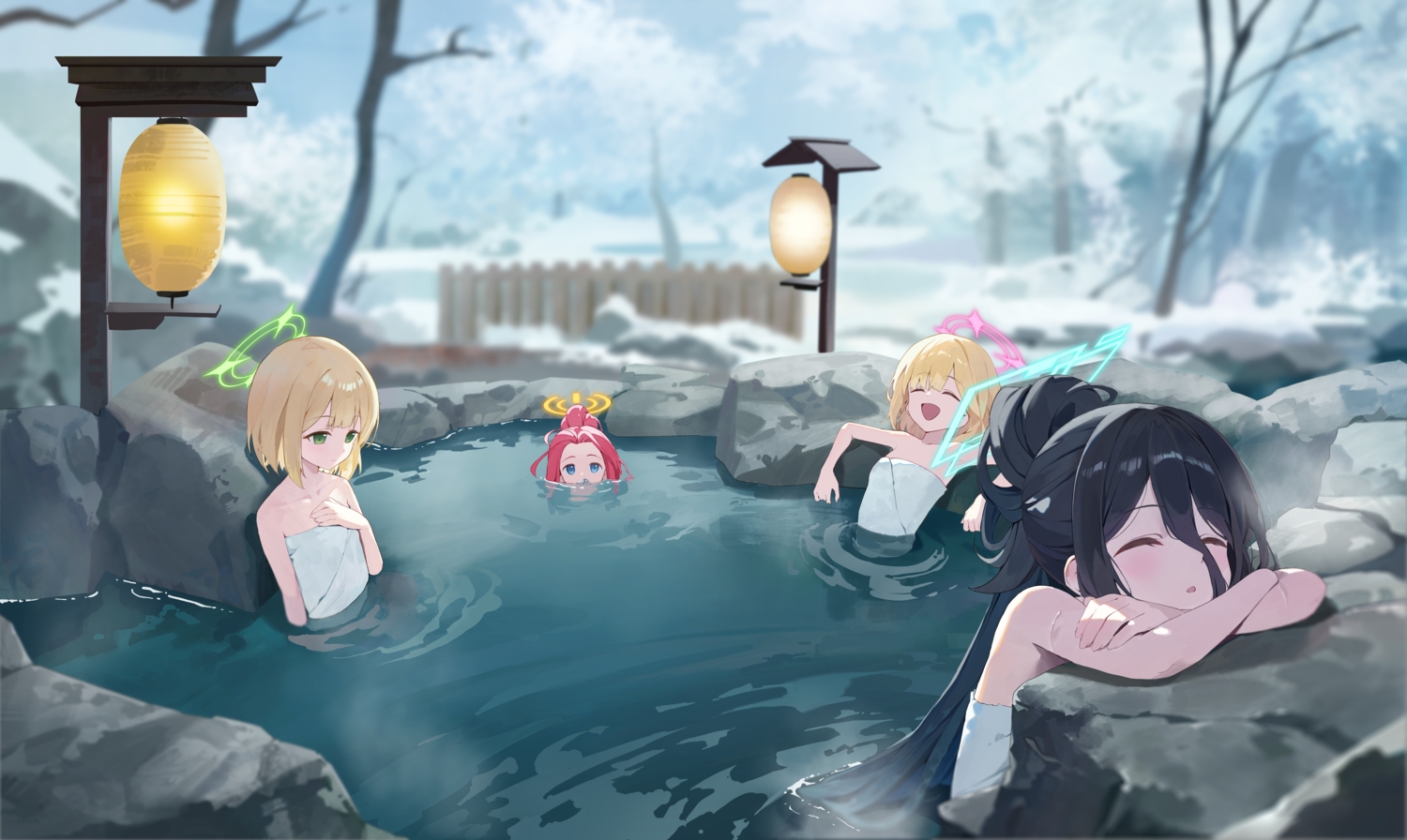 black_hair, blonde_hair, blue_archive, blue_eyes, breast_hold, enokinoko1010, flat_chest, green_eyes