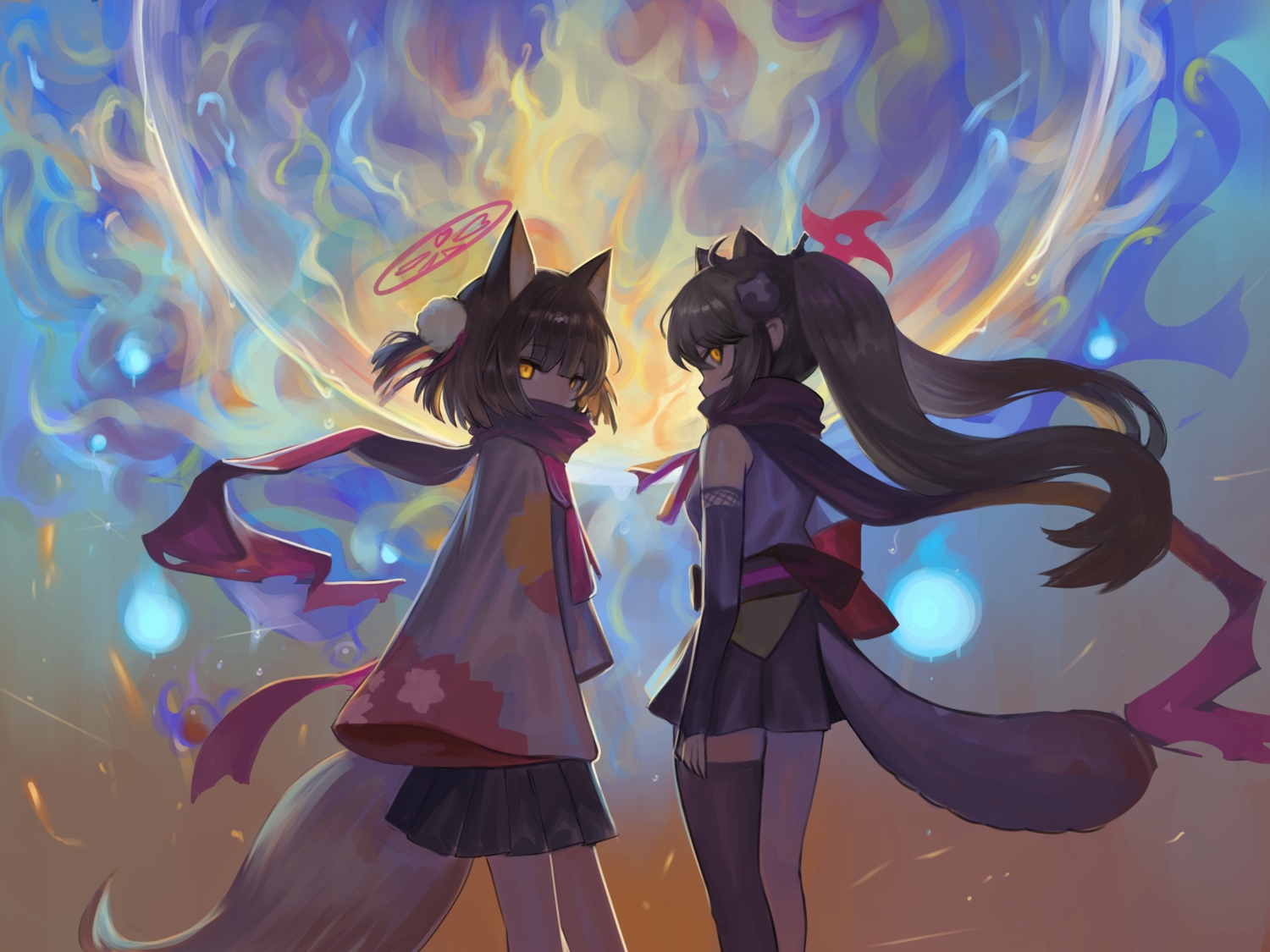 2girls, animal_ears, blue_archive, bow, brown_hair, chidori_michiru, dokomon, foxgirl