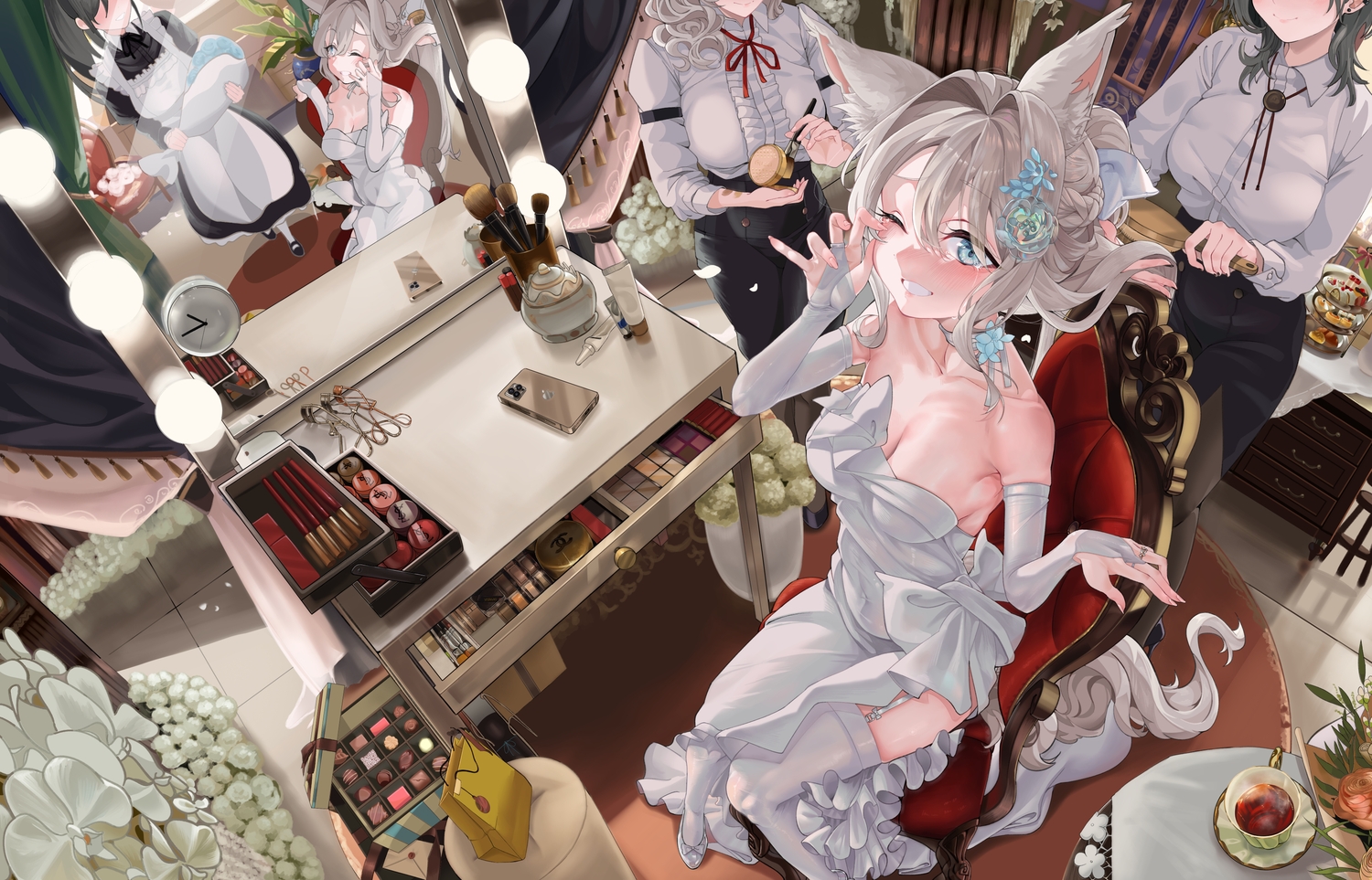 apron, aqua_eyes, black_hair, blush, bow, braids, breasts, cake, choker, cleavage, crying, dress, drink, elbow_gloves, flowers, food, foxgirl, garter_belt, gloves, gray_hair, group, long_hair, maid, mirror, original, pantyhose, phone, ponytail, reflection, rose, shirt, skirt, snarkhunt, stockings, tail, tears, wedding_attire, wink