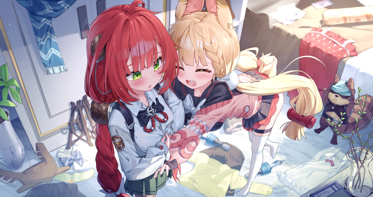 2girls, alice_thymefield, animal, animal_ears, bed, blonde_hair, blush, bow