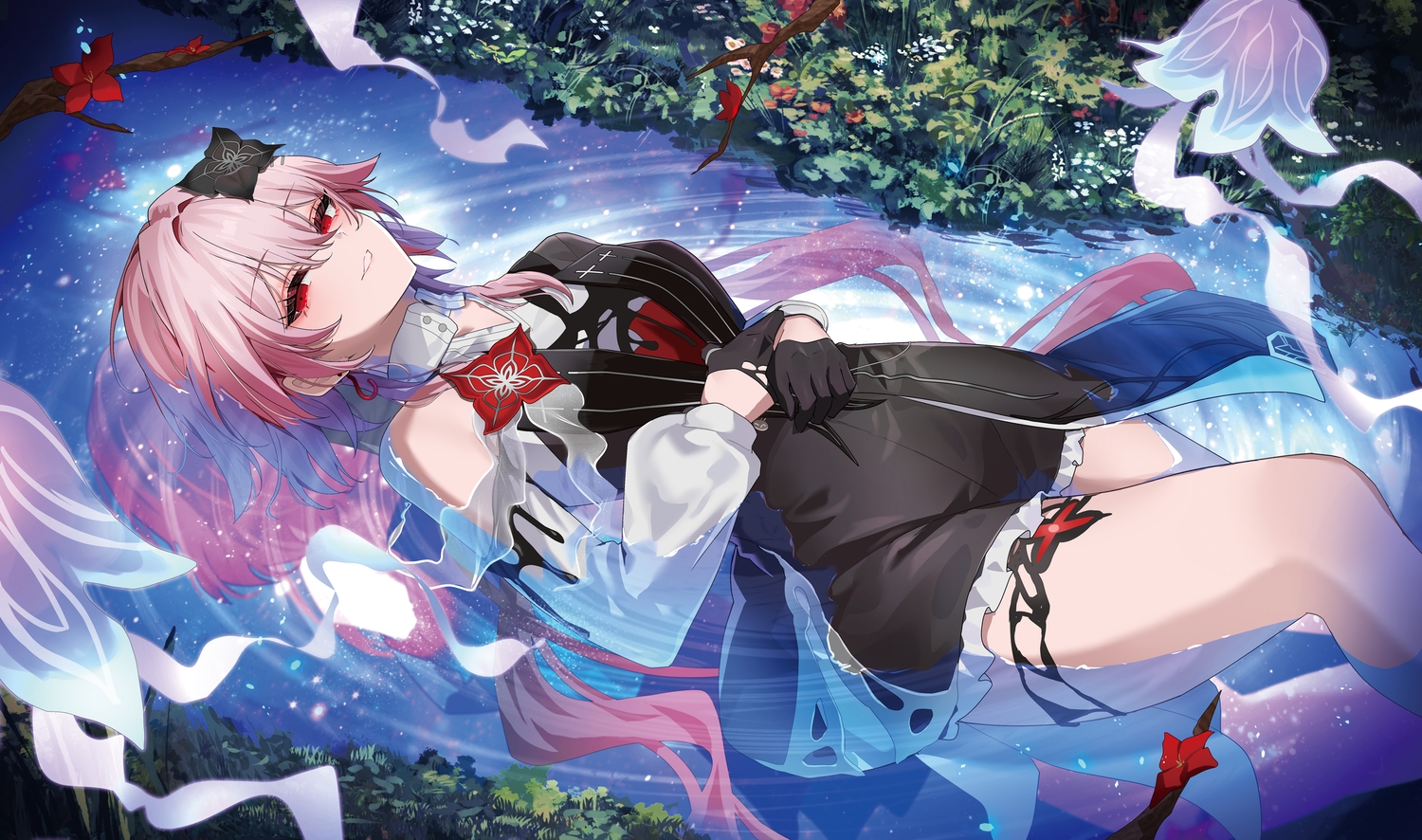 anzu0130, dress, evernight_(honkai:_star_rail), flowers, garter, gloves, grass, honkai_(series)