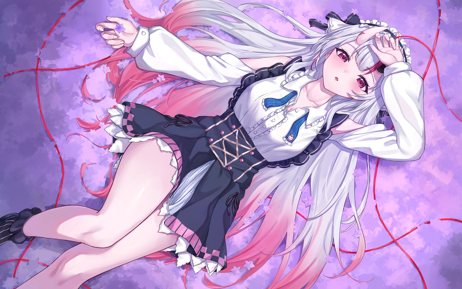 blush, bow, demon, dress, fang, flowers, gray_hair, headdress