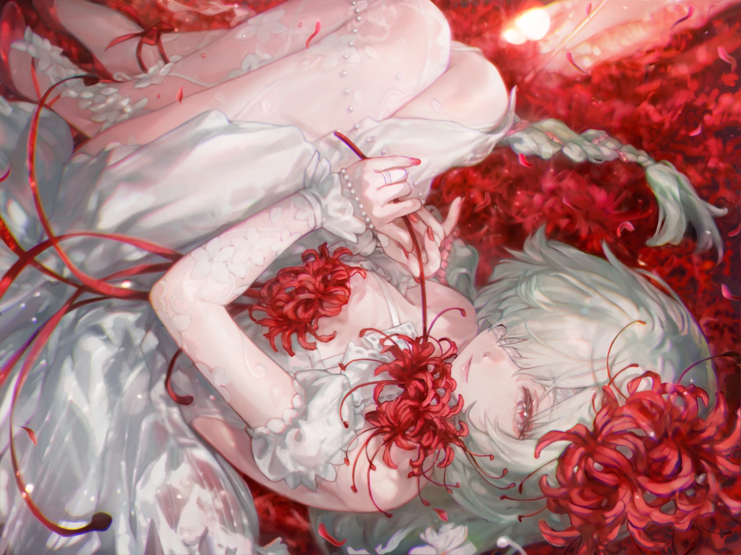 bandage, bibimbub, bow, braids, dress, eyepatch, flowers, gray_eyes