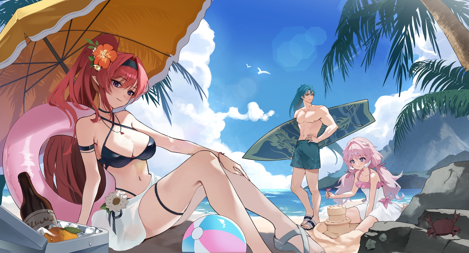 2girls, animal, aqua_hair, ball, beach, bikini, bow, breasts, choker, cleavage, clouds, crab, dress, drink, encore_(wuthering_waves), flat_chest, food, fruit, garter, headband, jiyan_(wuthering_waves), loli, long_hair, male, necklace, orange_(fruit), pink_hair, pointed_ears, ponytail, purple_eyes, red_hair, shade, shorts, sky, swim_ring, swimsuit, topless, tree, twintails, umbrella, water, wristwear, wuthering_waves, yellow_eyes, yinlin_(wuthering_waves), zima_(win_octopus)