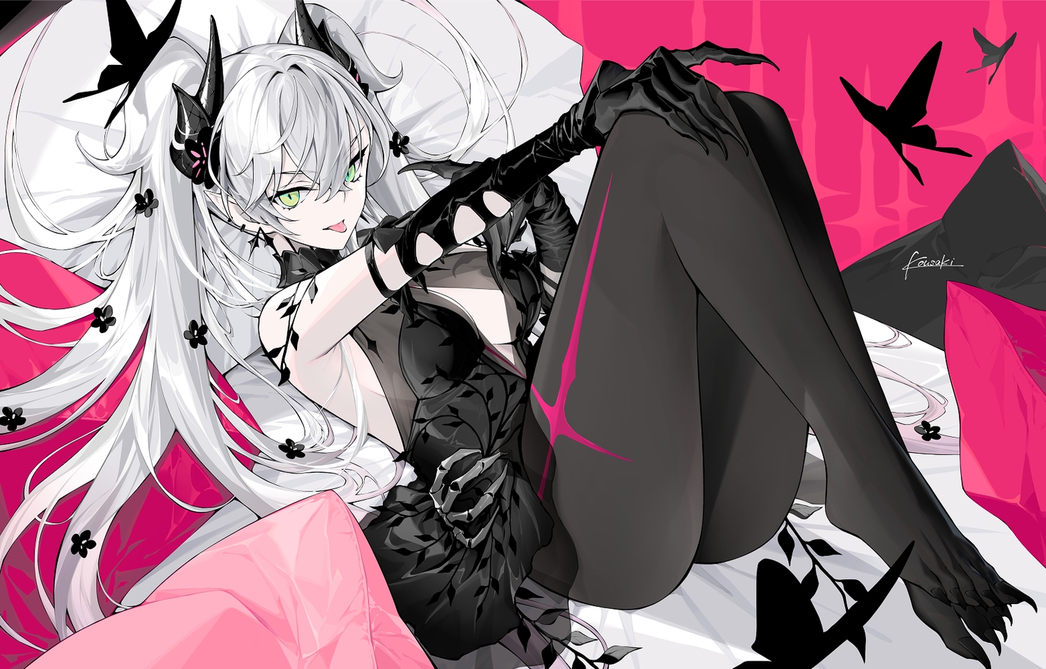 bed, breasts, butterfly, cleavage, dress, elbow_gloves, fate/grand_order, fate_(series), gloves, green_eyes, horns, kousaki_rui, lilith_(fate), long_hair, pointed_ears, see_through, signed, twintails, white_hair