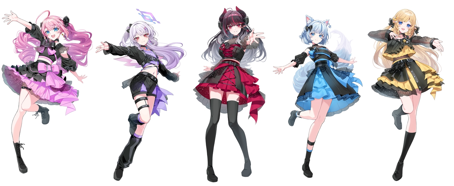animal_ears, aqua_eyes, black_hair, blonde_hair, blue_eyes, blue_hair, boots, bow