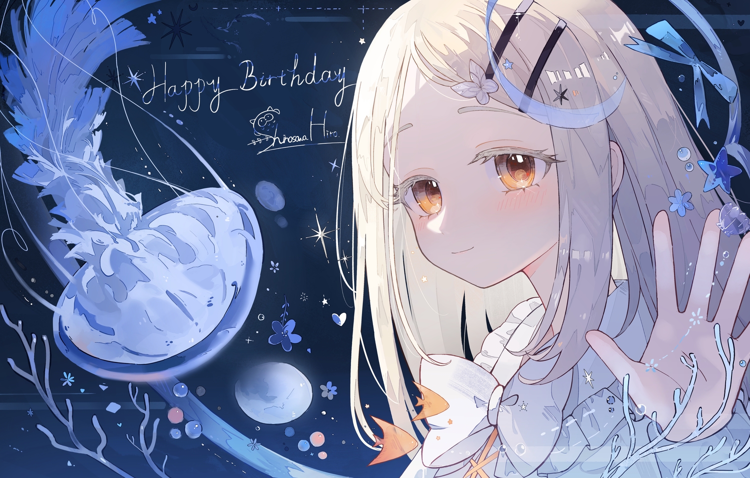 animal, blonde_hair, blush, bow, bubbles, close, fish, gakuen_idolmaster