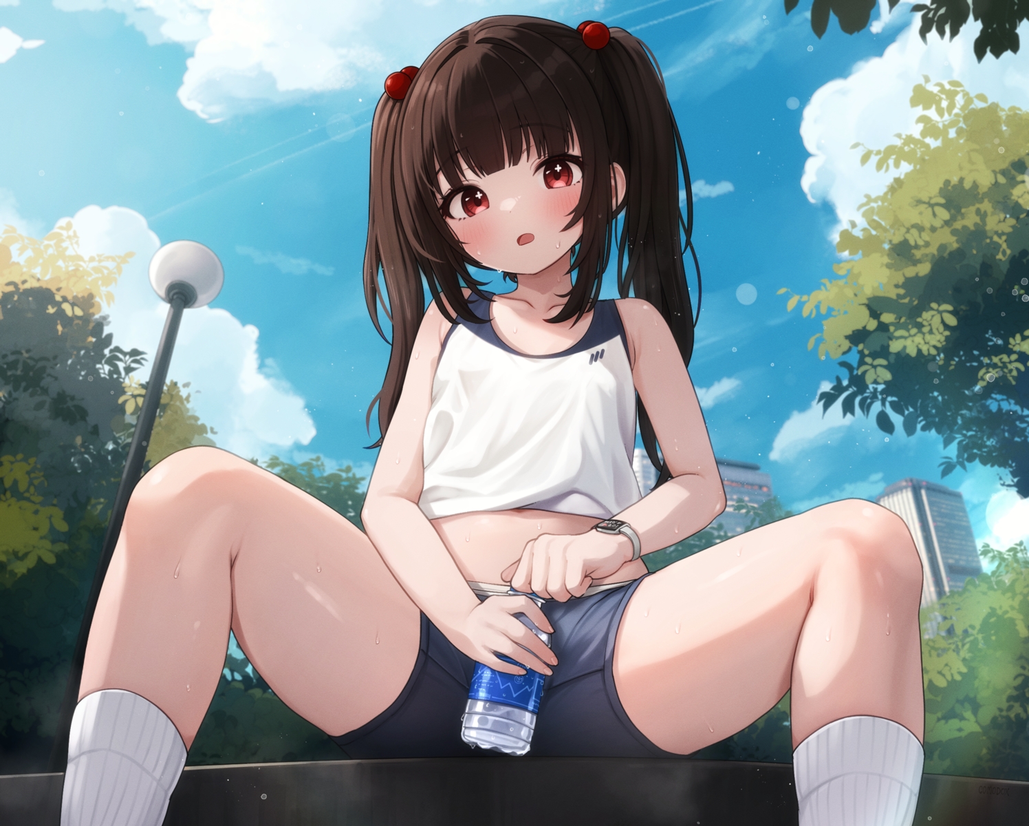 blush, brown_hair, building, close, clouds, comodox, drink, flat_chest, kneehighs, leaves, loli, long_hair, lulla_(comodox), original, red_eyes, shorts, sky, socks, spread_legs, twintails, wet, wristwear