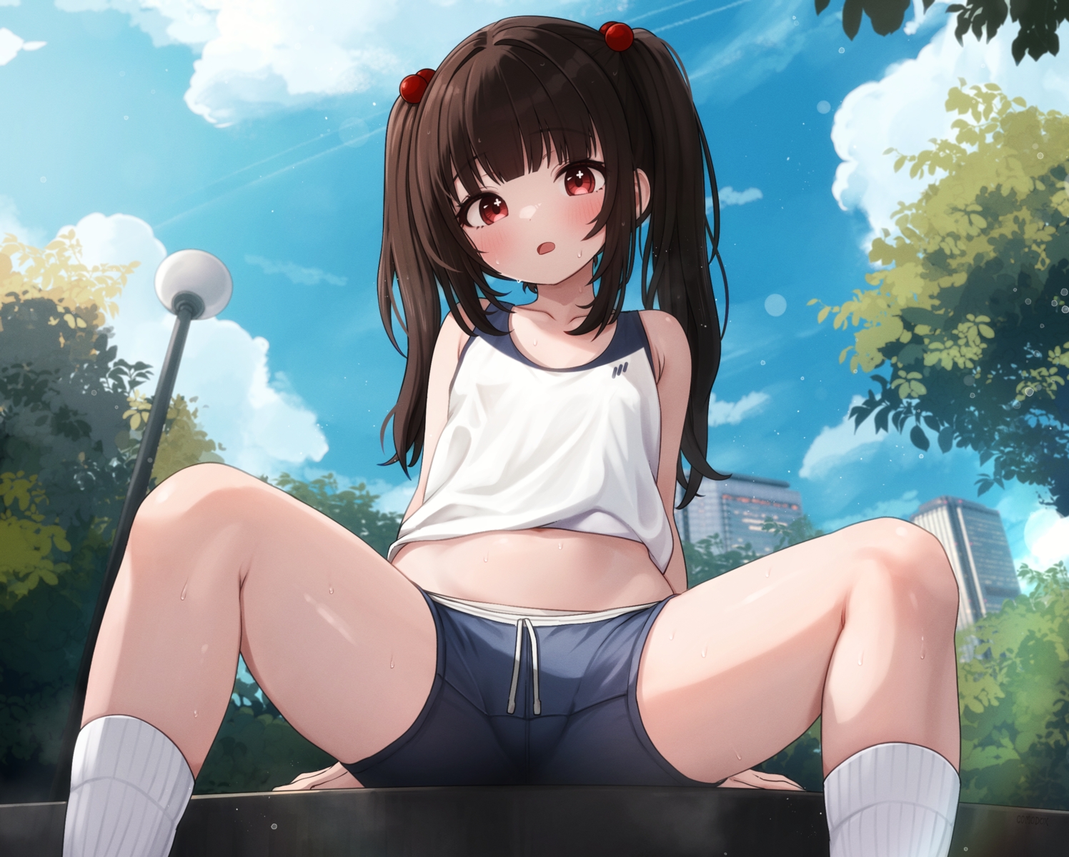 blush, brown_hair, building, close, clouds, comodox, flat_chest, kneehighs, leaves, loli, long_hair, lulla_(comodox), original, red_eyes, shorts, sky, socks, spread_legs, twintails, wet, wristwear