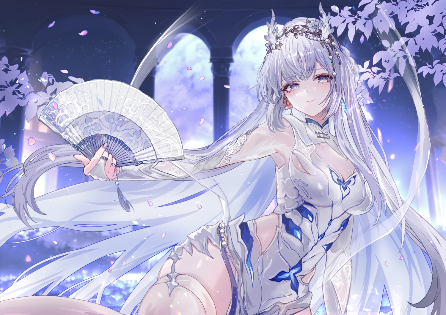 blue_eyes, blush, braids, breasts, cleavage, dress, duet_night_abyss, elbow_gloves, fan, fushu_(duet_night_abyss), garter_belt, gloves, gray_hair, headdress, leaves, long_hair, petals, see_through, stockings, vardan