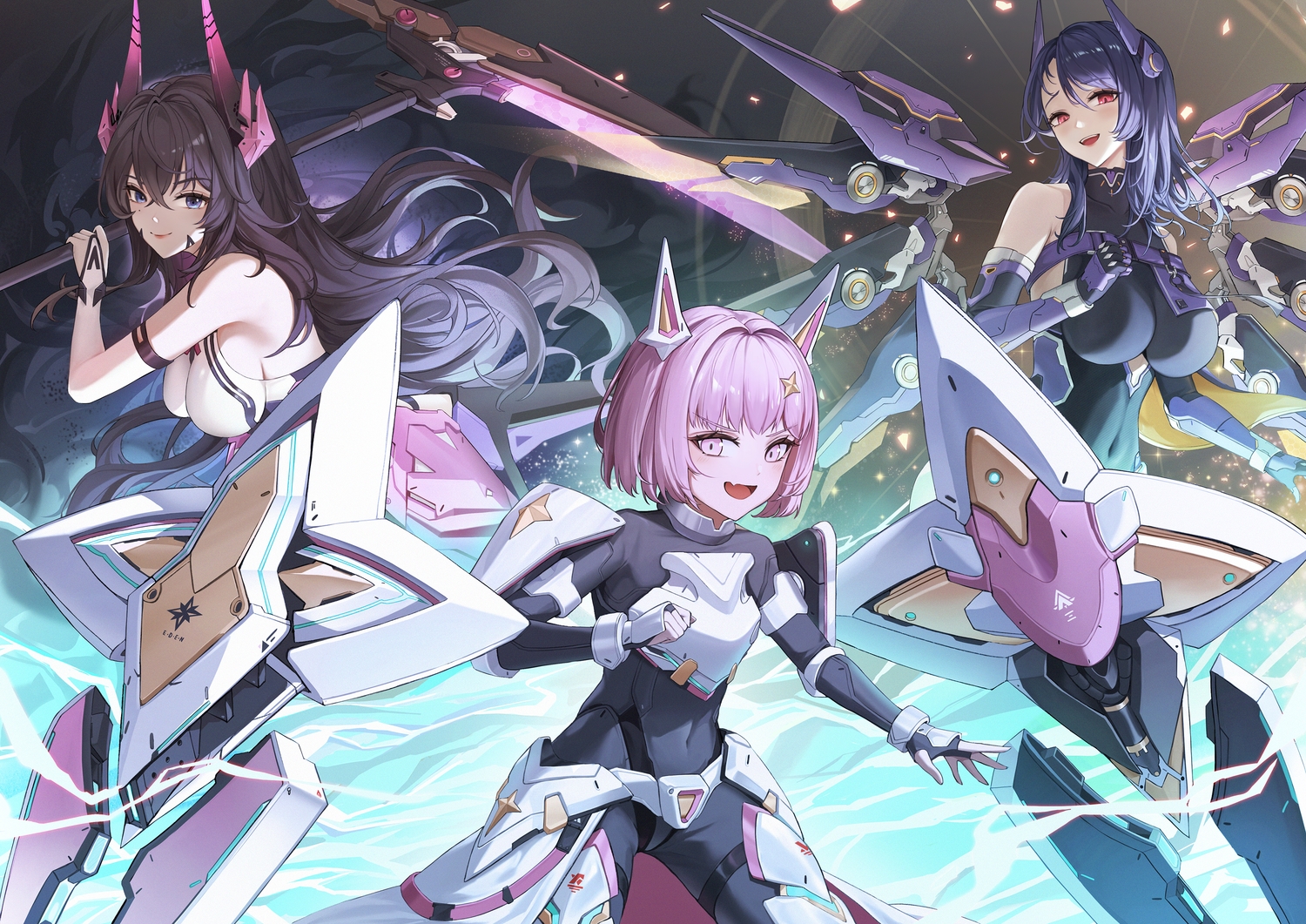 armor, black_hair, blush, bodysuit, breasts, elbow_gloves, eru_(eru_illust), fang, garter, gloves, goddess_of_victory:_nikke, harran_(nikke), horns, isabel_(nikke), long_hair, mechagirl, noah_(nikke), pink_eyes, pink_hair, purple_eyes, purple_hair, red_eyes, scythe, short_hair, weapon