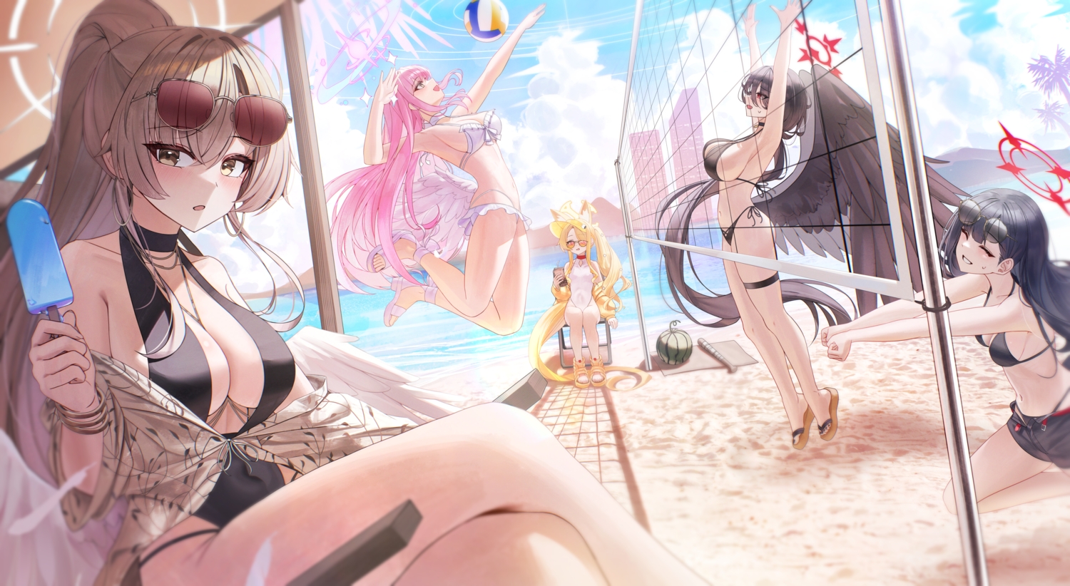animal_ears, arch_a4, ball, baseball_bat, beach, bikini, black_hair, blonde_hair