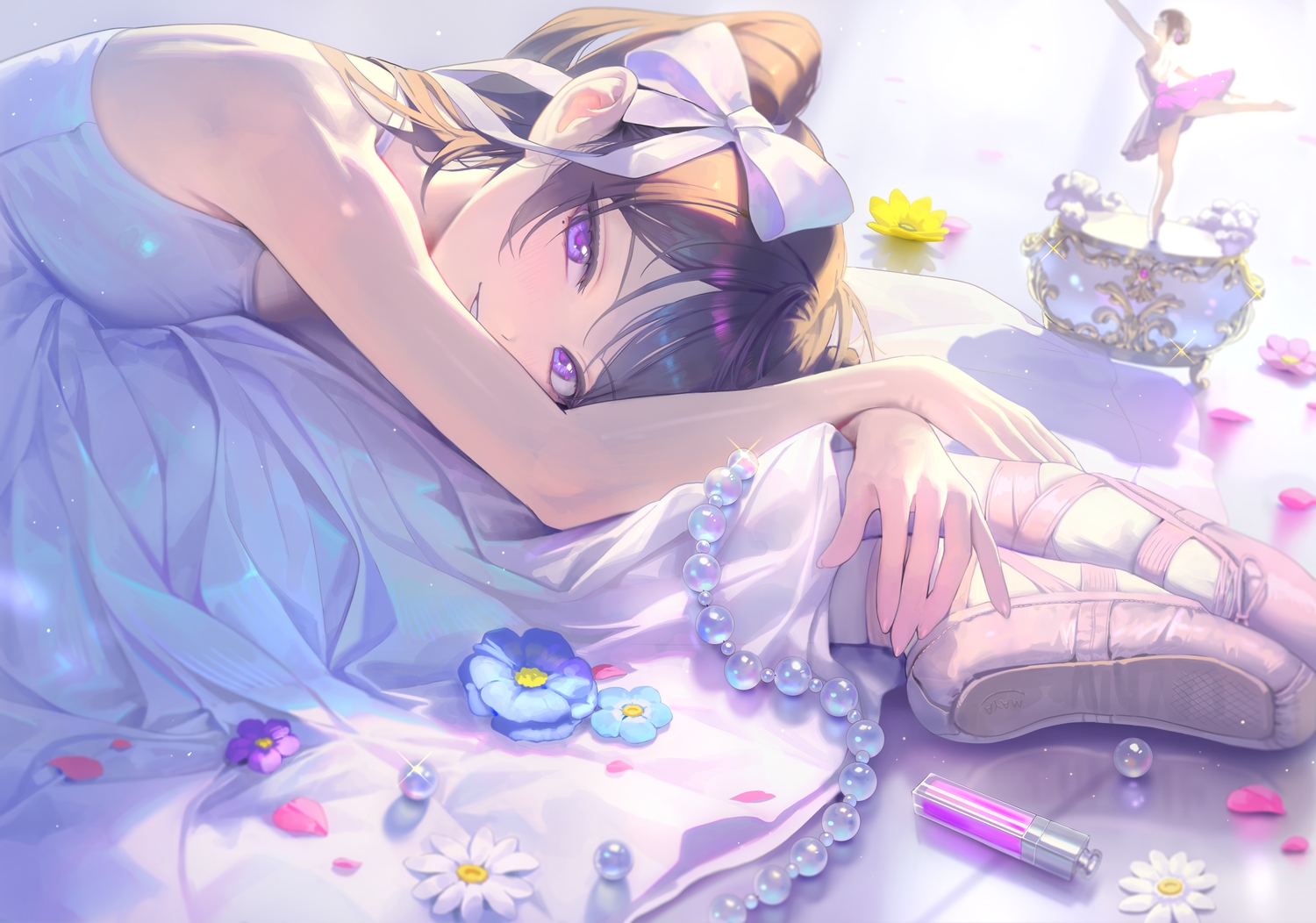 bangsom, black_hair, blush, bow, dress, flowers, long_hair, maya_(bangsom), original, petals, purple_eyes, ribbons