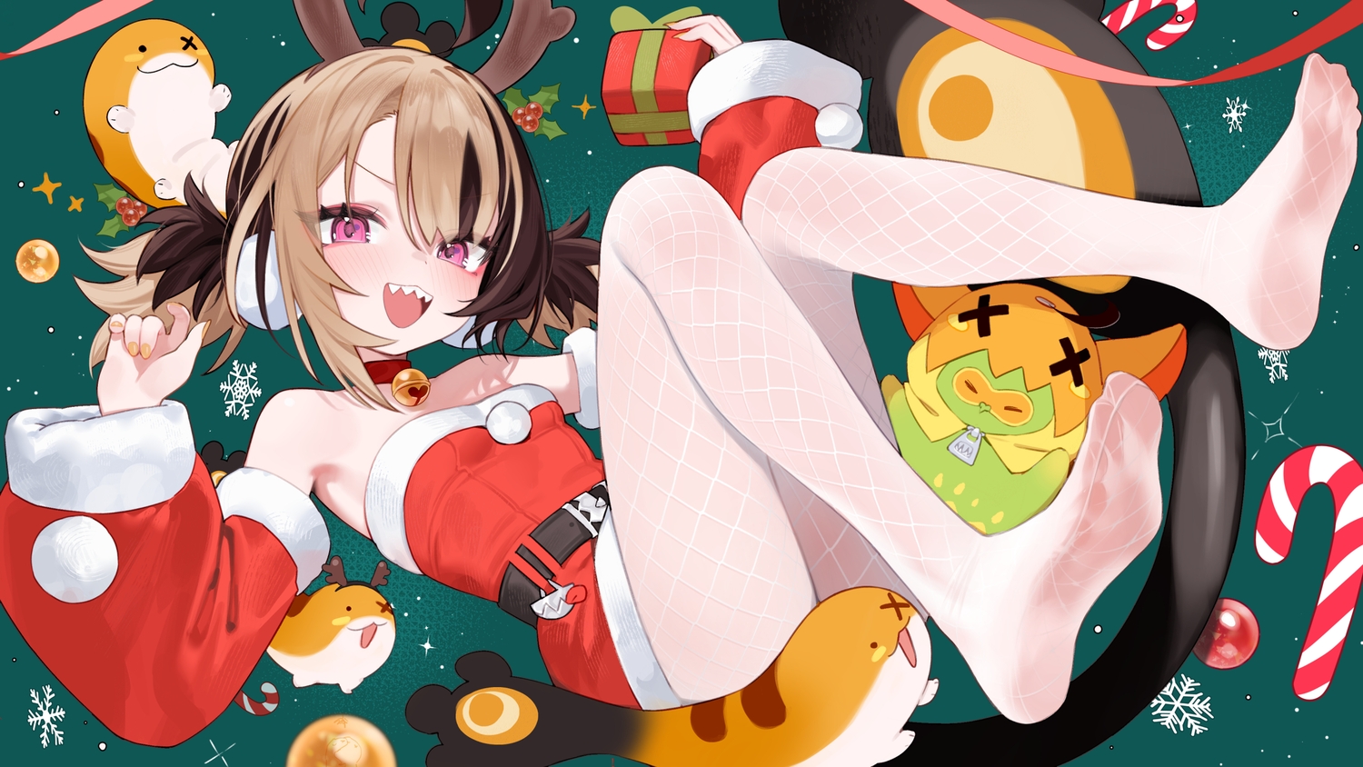 bell, blush, brown_hair, candy, cat_smile, collar, dress, gigi_murin