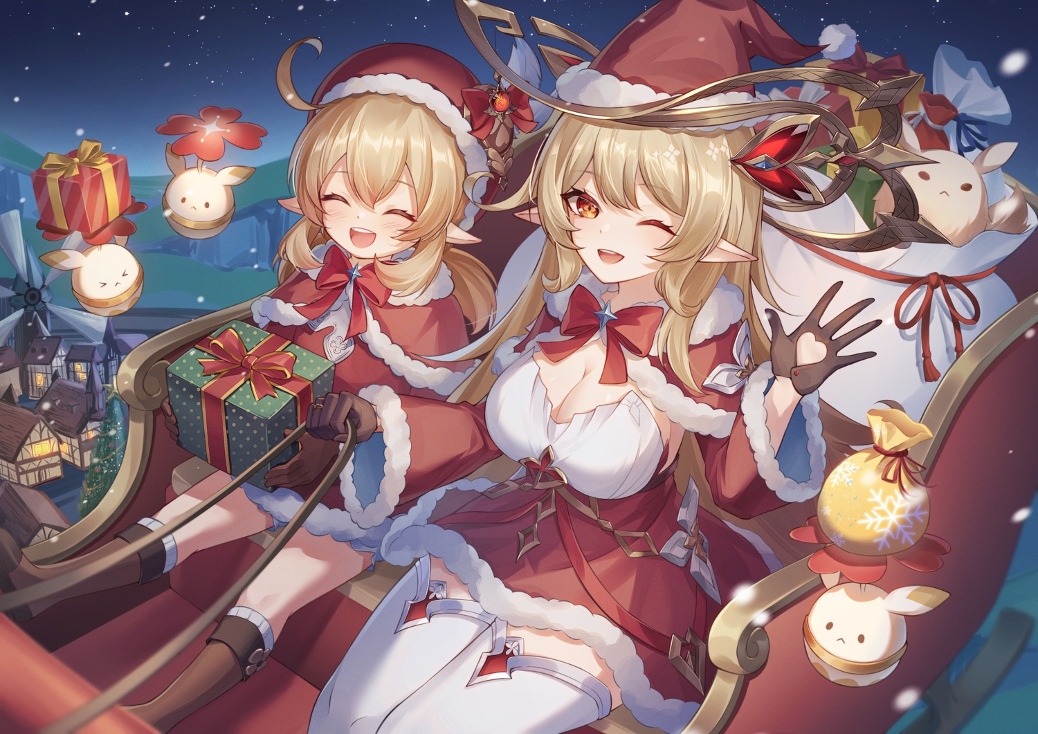 2girls, alice_(genshin_impact), blonde_hair, blush, boots, bow, breasts, building, cape, christmas, cleavage, dress, genshin_impact, gloves, hat, klee_(genshin_impact), kneehighs, loli, long_hair, night, pointed_ears, red_eyes, santa_costume, santa_hat, sky, stars, thighhighs, twintails, wink, yuno_kaihara