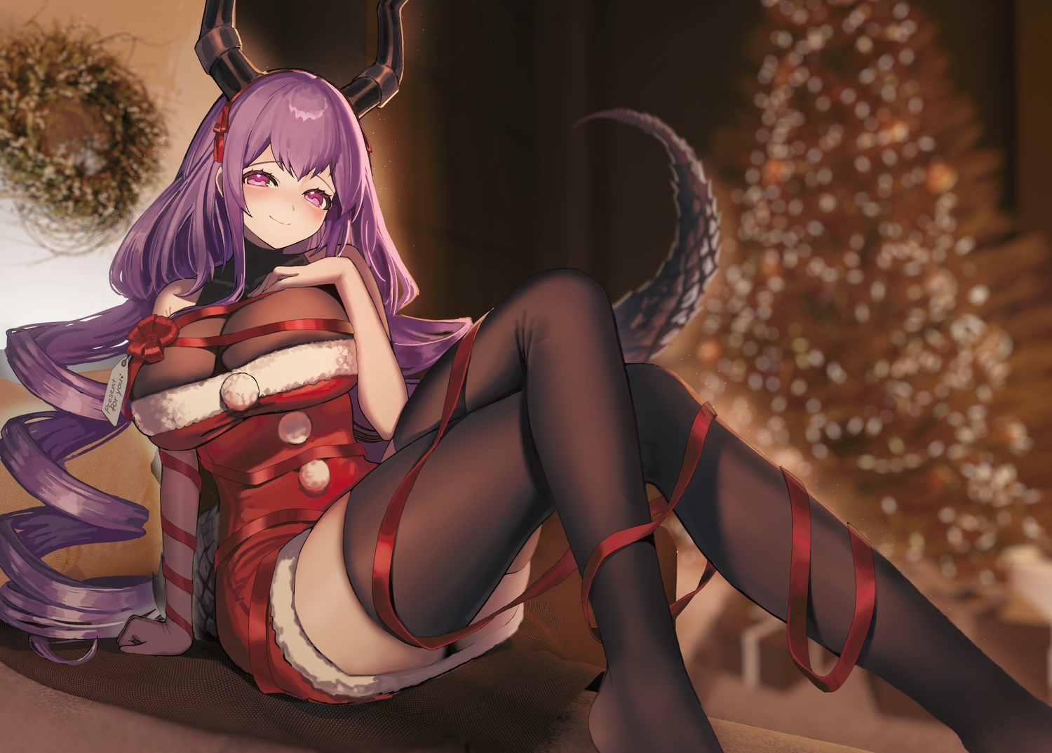 arknights, bow, breast_hold, breasts, christmas, dress, horns, long_hair, purple_eyes, purple_hair, ribbons, santa_costume, sanzuitaroh, tail, thighhighs, tree, typhon_(arknights)
