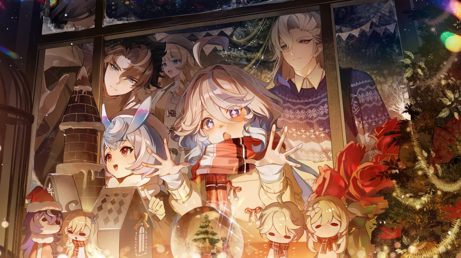 aether_(genshin_impact), blonde_hair, blue_eyes, brown_hair, chevreuse_(genshin_impact), christmas, clorinde_(genshin_impact), datsha