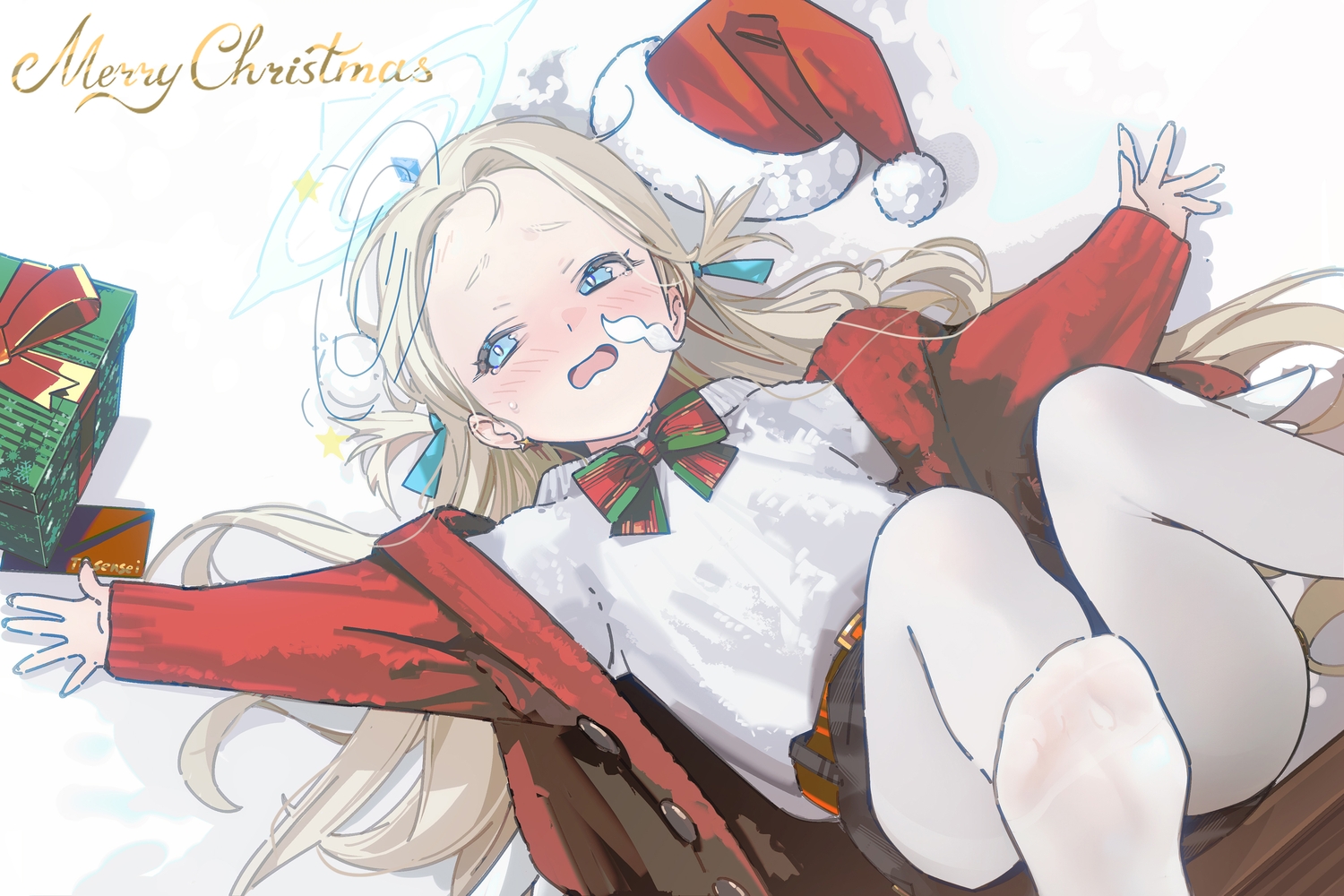 blonde_hair, blue_archive, blue_eyes, blush, bow, christmas, drive_shot, halo