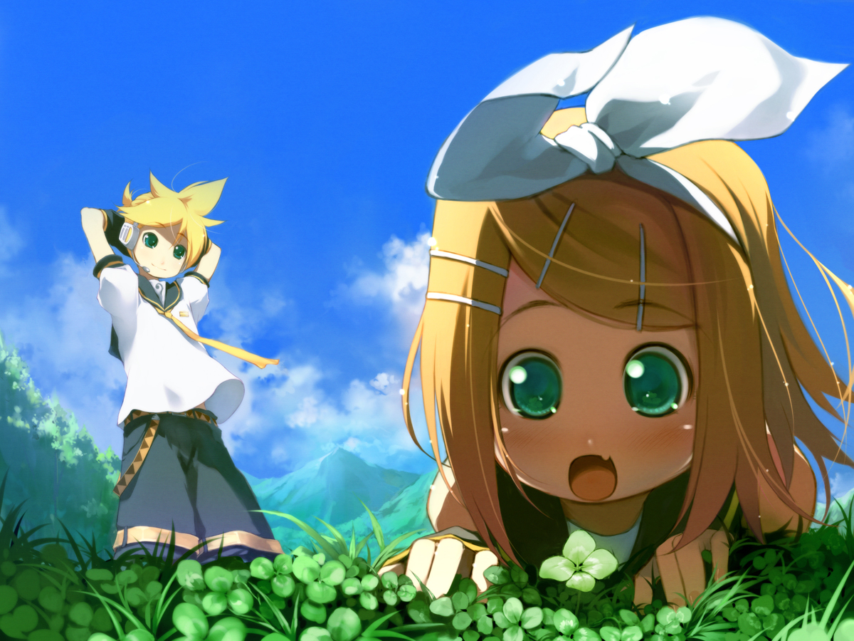 blonde_hair, chinchickrin, fang, grass, green_eyes, headband, headphones, kagamine_len