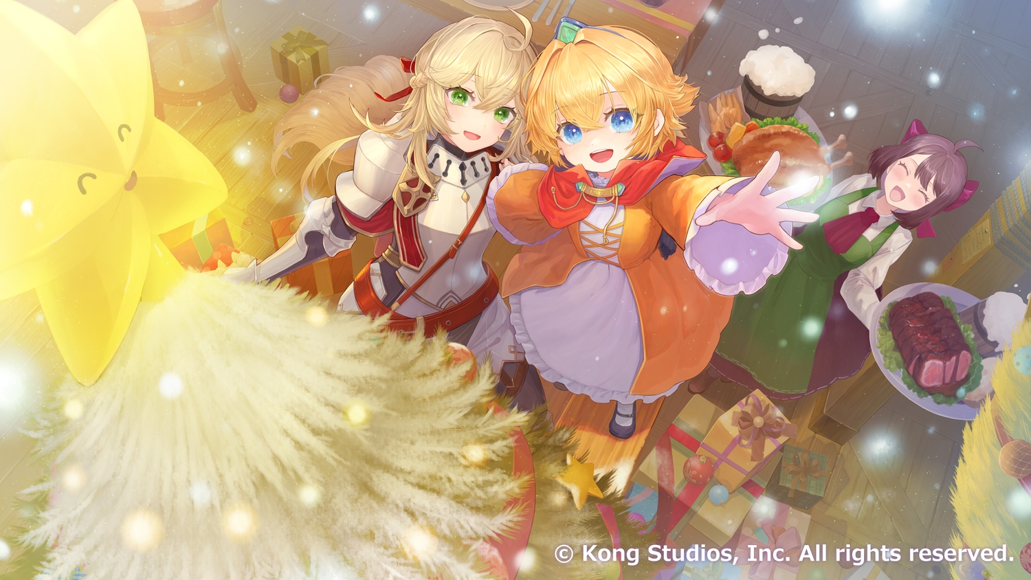 apron, armor, blonde_hair, blue_eyes, blush, bow, braids, brown_hair, cape, christmas, dress, drink, female_knight_(guardian_tales), food, green_eyes, guardian_tales, little_princess_(guardian_tales), loli, long_hair, ribbons, short_hair, tagme_(artist), tagme_(character), tree, watermark