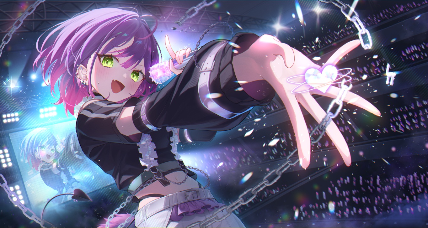 blush, chain, demon, fang, green_eyes, gyool, heart, hololive