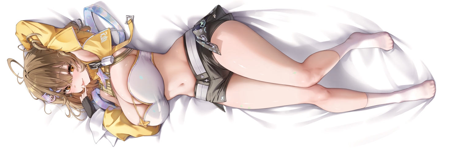 anis_(nikke), breasts, brown_eyes, brown_hair, cleavage, cropped, gloves, goddess_of_victory:_nikke, kneehighs, navel, short_hair, shorts, socks, yampa