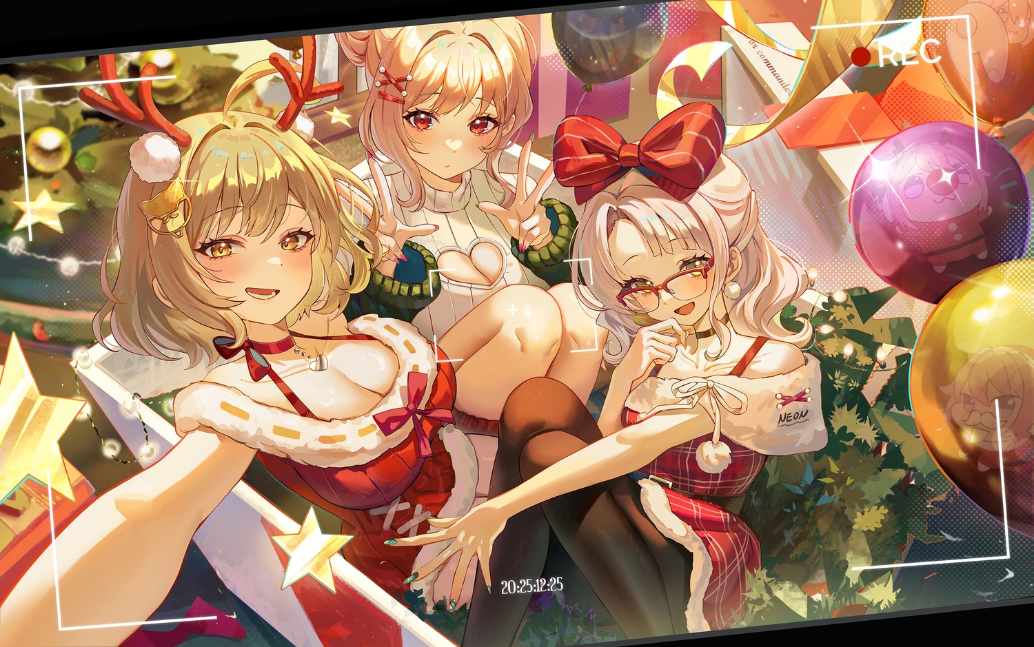 anis_(nikke), blonde_hair, blush, bow, breasts, brown_hair, camera, choker