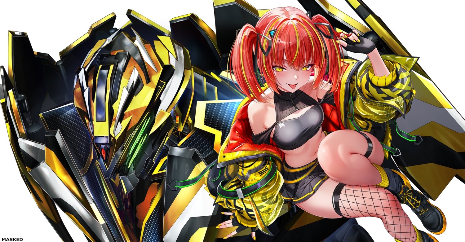 blush, boots, garter, gloves, masukudo_(hamamoto_hikaru), mecha, navel, original