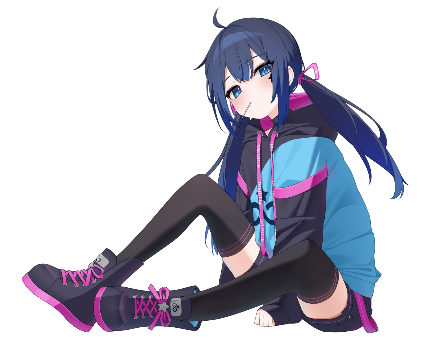 blue_eyes, blue_hair, boots, bow, hood, indie_virtual_youtuber, loli, long_hair, mugen_mochi, rui_p, shorts, thighhighs, twintails, white, zettai_ryouiki