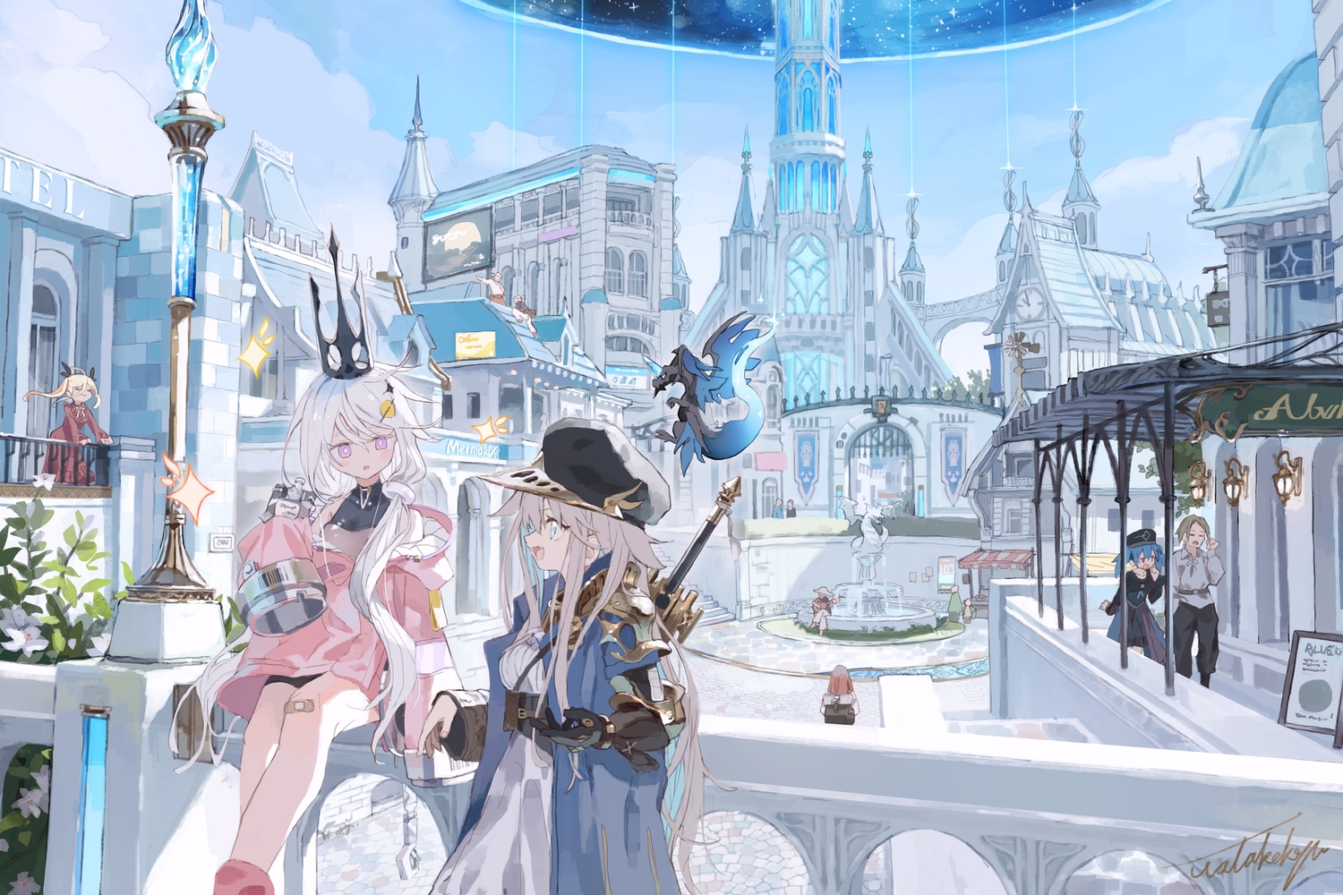 armor, bandaid, blonde_hair, blue_eyes, blue_hair, brown_hair, building, city