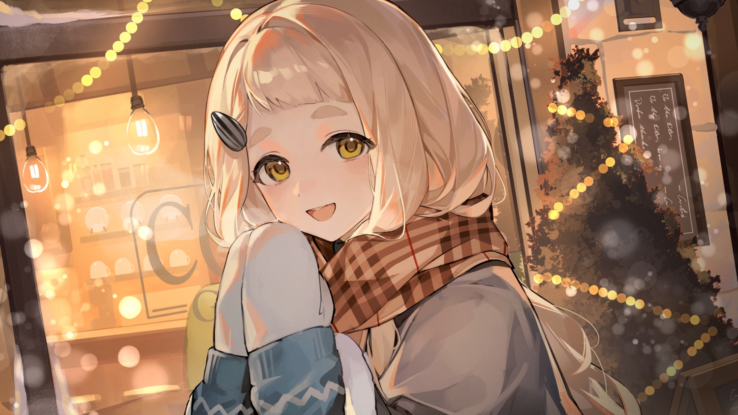 blonde_hair, building, christmas, cine_(wazd0183), close, gloves, long_hair, machita_chima