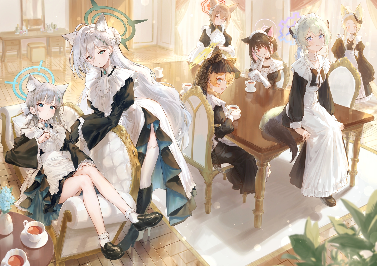 akeshiro_rumi, animal, animal_ears, apron, aqua_eyes, bird, black_hair, blonde_hair, blue_archive, blush, boots, bow, brown_hair, catgirl, choker, couch, dress, drink, elbow_gloves, eshineko, flowers, foxgirl, gloves, gray_hair, green_hair, group, halo, headdress, iochi_mari, kyouyama_kazusa, lolita_fashion, long_hair, maid, mayoi_shigure, orange_hair, pink_eyes, purple_eyes, shiroko_(terror)_(blue_archive), short_hair, socks, sunaookami_shiroko, tail, thighhighs, wolfgirl, yurizono_seia