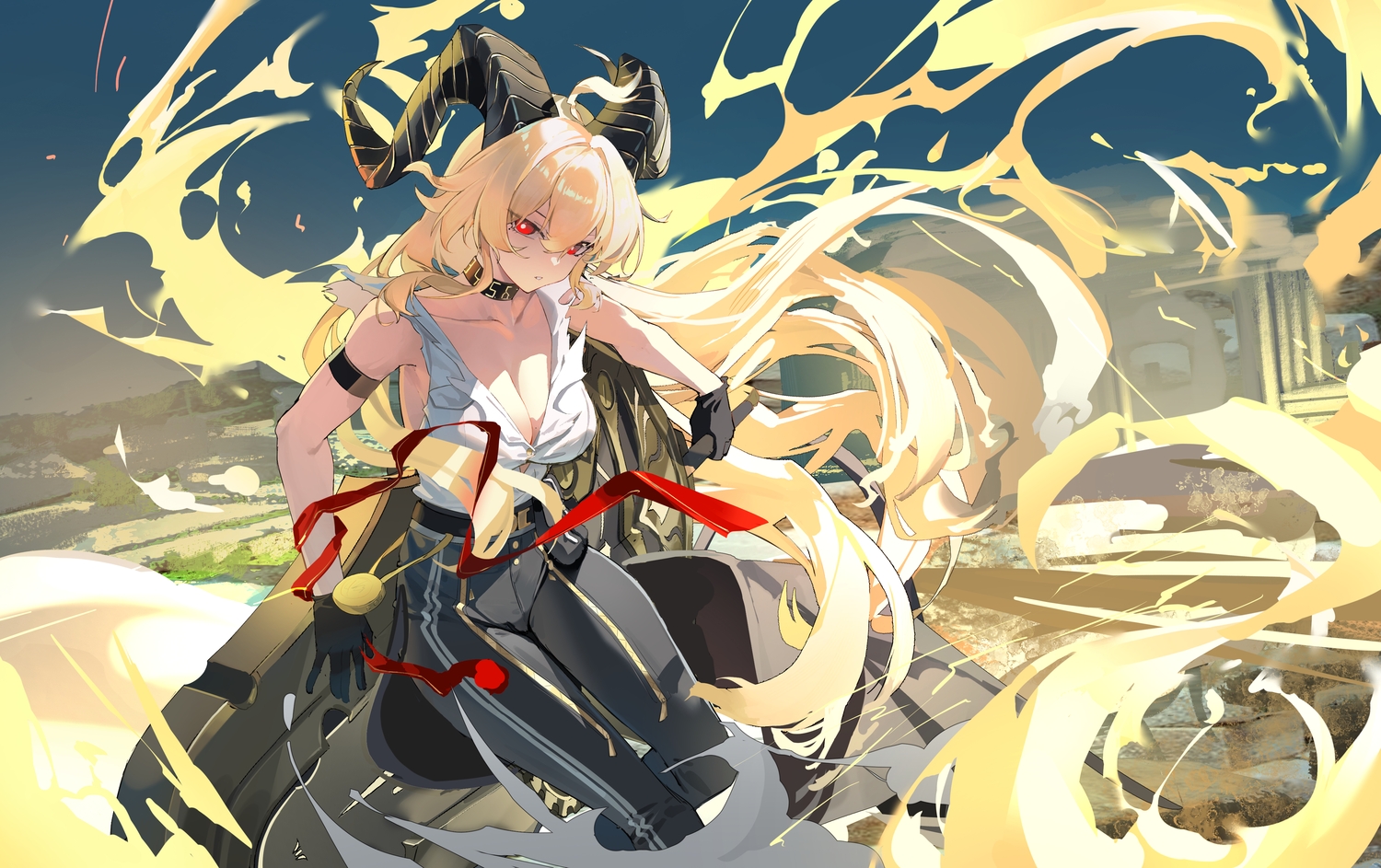 blonde_hair, breasts, choker, cleavage, gloves, horns, liwen520, long_hair