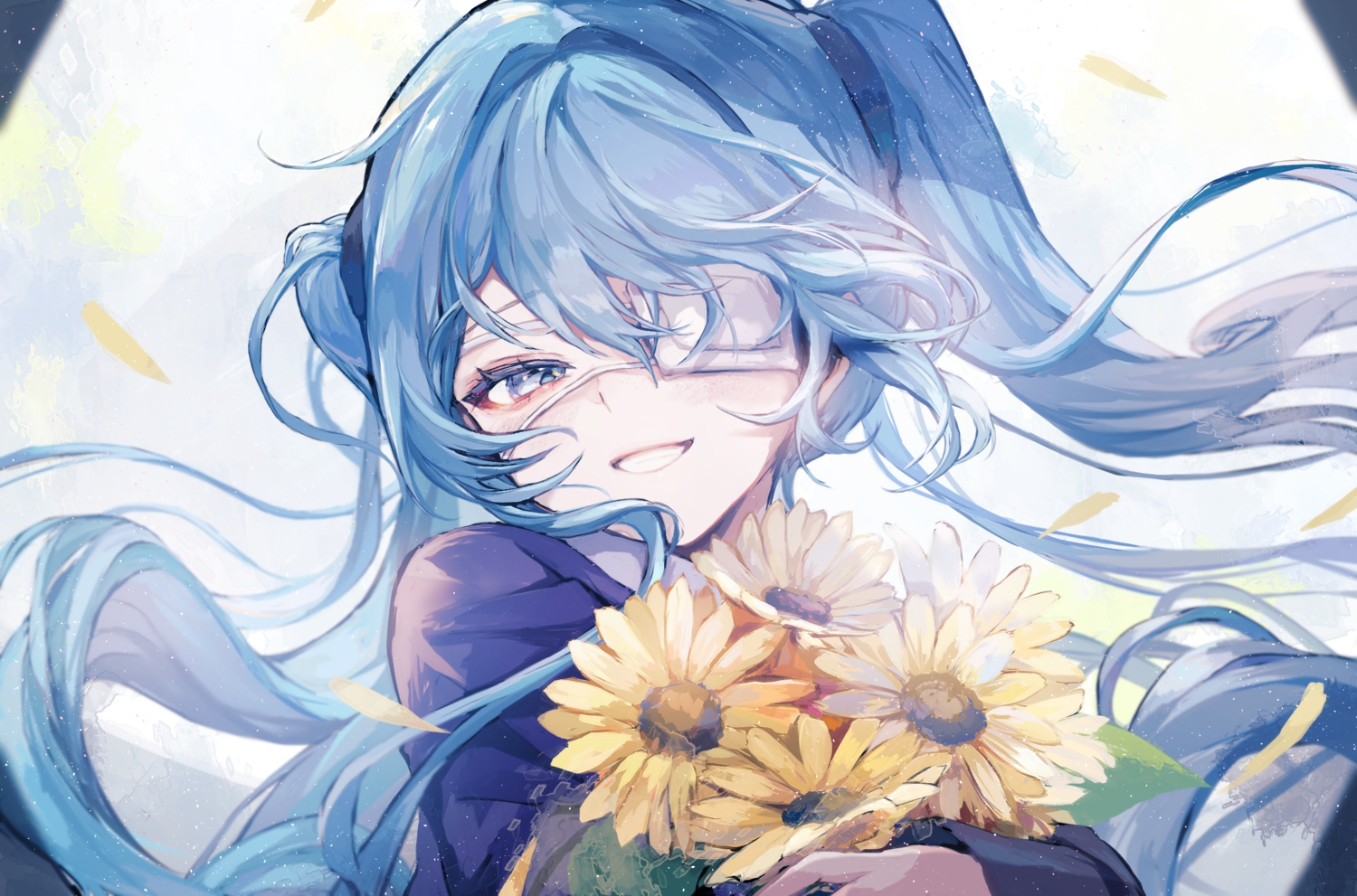 blue_eyes, blue_hair, close, eyepatch, flowers, hatsune_miku, long_hair, petals, pipi_(pipinavigation), sunflower, twintails, vocaloid