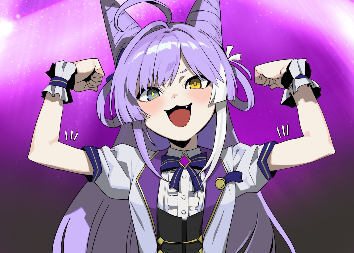 bicolored_eyes, bow, cat_smile, close, eg58561415, fang, foxgirl, long_hair, purple_hair, stellive, tenko_shibuki, wristwear