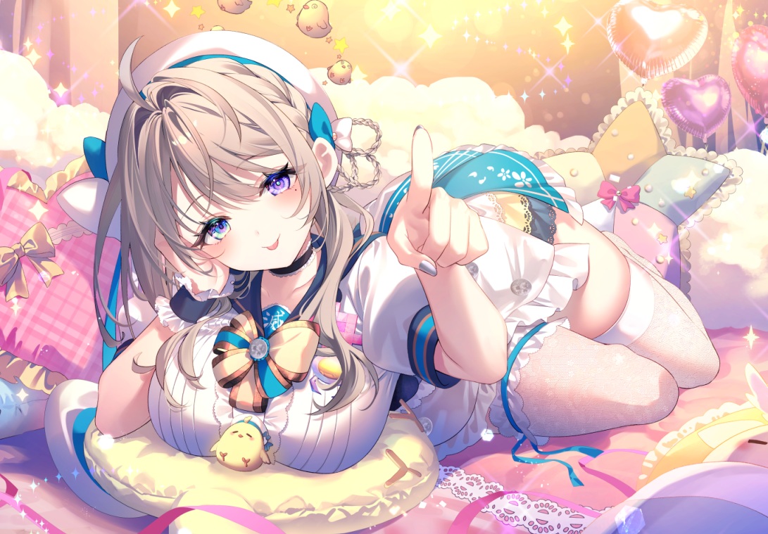 bicolored_eyes, bow, braids, brown_hair, choker, dress, garter, hat
