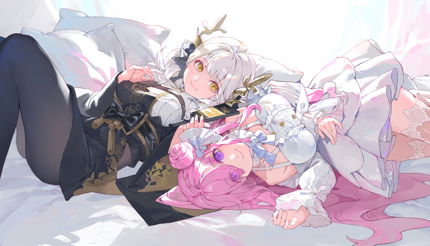 2girls, bed, blanc_(nikke), bow, dorothy_(nikke), dress, goddess_of_victory:_nikke, long_hair