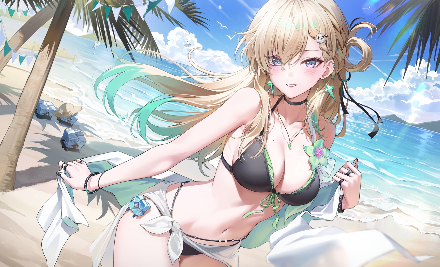 as4_s2, beach, bikini, blonde_hair, blush, braids, breasts, cleavage, clouds, long_hair, lynae_(wuthering_waves), navel, necklace, sky, swimsuit, tree, water, wuthering_waves