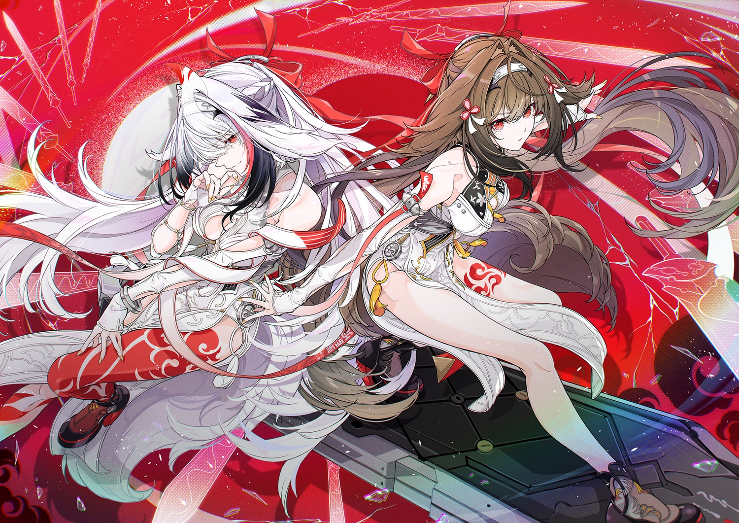 animal_ears, braids, breasts, brown_hair, cleavage, dress, foxgirl, headband, long_hair, magic, muto_(n0sug4r), red_eyes, sword, tail, tattoo, weapon, white_hair, wristwear, ye_shunguang, zenless_zone_zero