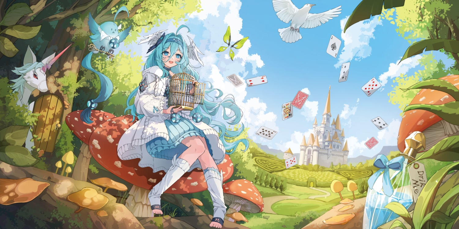 alice_in_wonderland, animal, aqua_hair, bird, blue_eyes, cage, clouds, dress, duet_night_abyss, fina_(duet_night_abyss), headband, horse, kneehighs, long_hair, sakatsuki_yakumo, shade, sky, tree, unicorn, wings