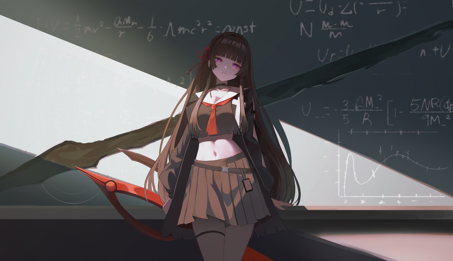 black_hair, chisa_(wuthering_waves), garter, long_hair, navel, purple_eyes, school_uniform, skell.b, skirt, sword, weapon, wuthering_waves